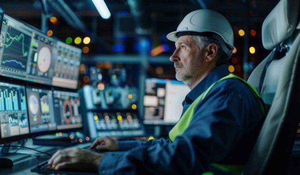 Engineer with hardhat and reflective vest works at multiple data screens in control room.