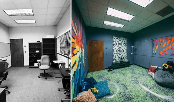 Side by side comparison of room before (old office) and after as a multisensory room.