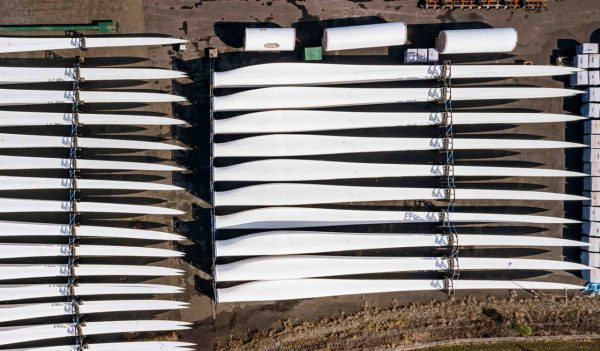 Aerial views of wind turbine blades and parts stored at Gladstone Port, Queensland, Australia.