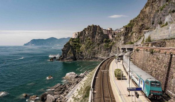 Coastal train station at picturesque seascape view. Manarola in Cinque terre, Italy.