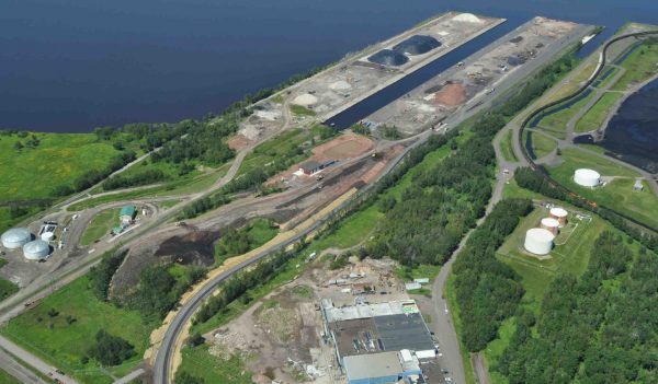 Aerial view of the docks and buildings on the site