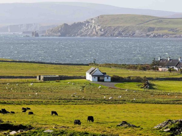 A view across farmland on Bressay to Mainland, Shetland, Scotland, UK.