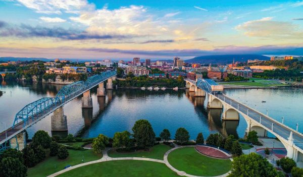 Aerial view of chattanooga tennessee skyline with 2 bridges and a park between